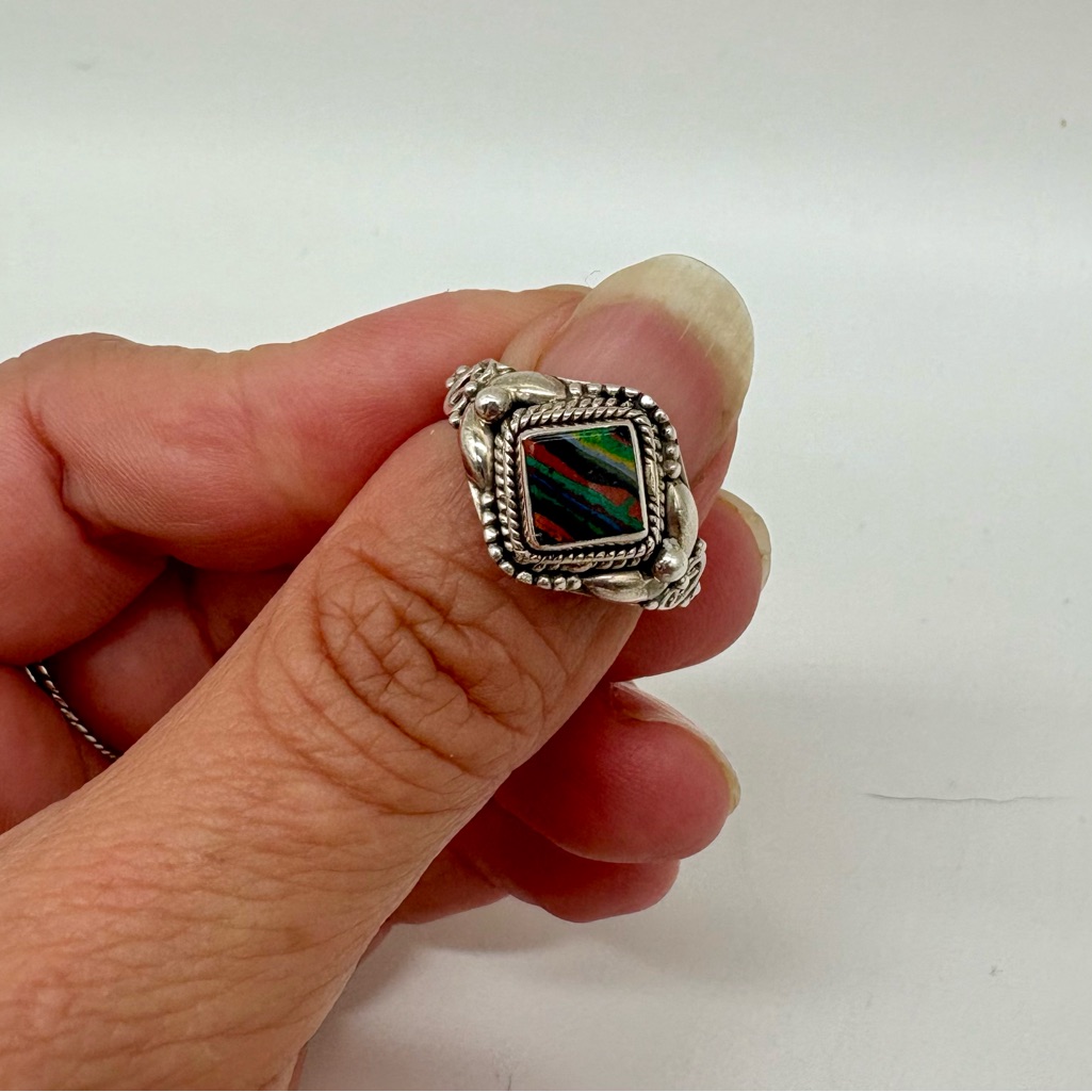 Rainbow Calsilica Sterling Silver Filigree Ring Size 5.5